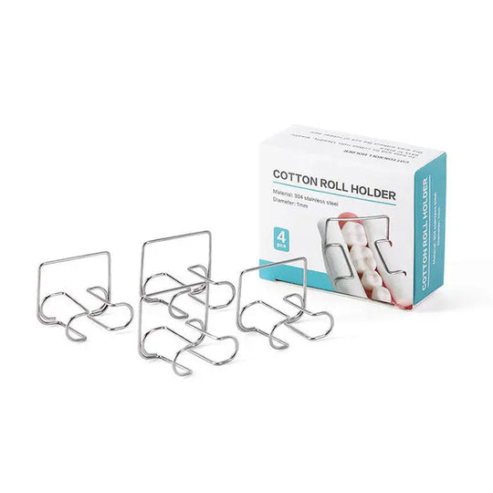 Dental Cotton Roll Holder Stainless Steel Clip Autoclavable 4pcs/Box: Set of four stainless steel dental cotton roll holders with curved clips, displayed alongside product packaging featuring blue accents and product information