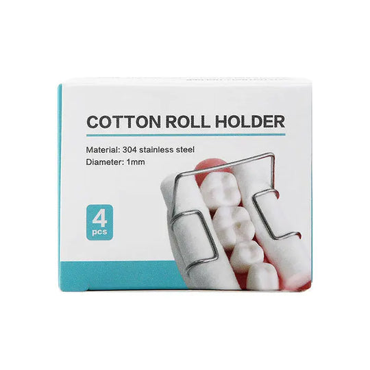 Dental Cotton Roll Holder Stainless Steel Clip Autoclavable 4pcs/Box: Product image showing 4 cotton rolls held in place by stainless steel clips. Packaging displays product details including material, diameter, and quantity.