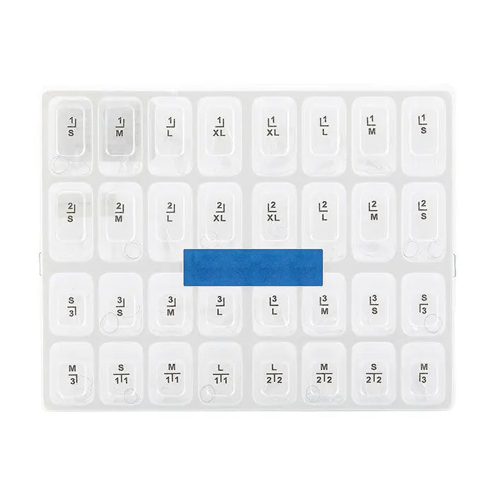 Dental Anterior Transparent Crowns for Adult № 1.910 64Pcs/Box displayed in clear plastic compartments. Various sizes for incisors and canines organized in a grid-like tray with labeled sections. Blue label in center. Ideal for dental professionals and tooth restoration.