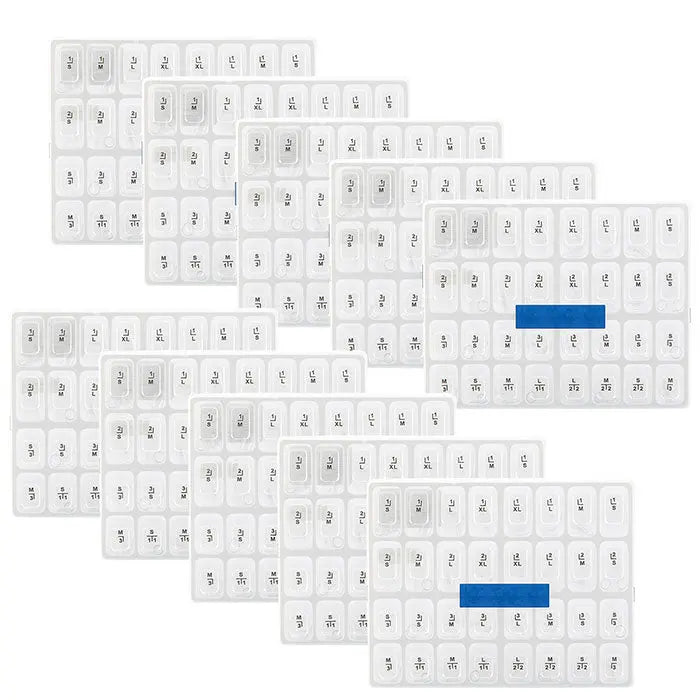 Dental Anterior Transparent Crowns for Aldult № 1.910 64Pcs/Box displayed in multiple clear plastic trays, each containing numerous small, individually packaged dental crowns for incisors and canines. Two trays have blue labels visible.