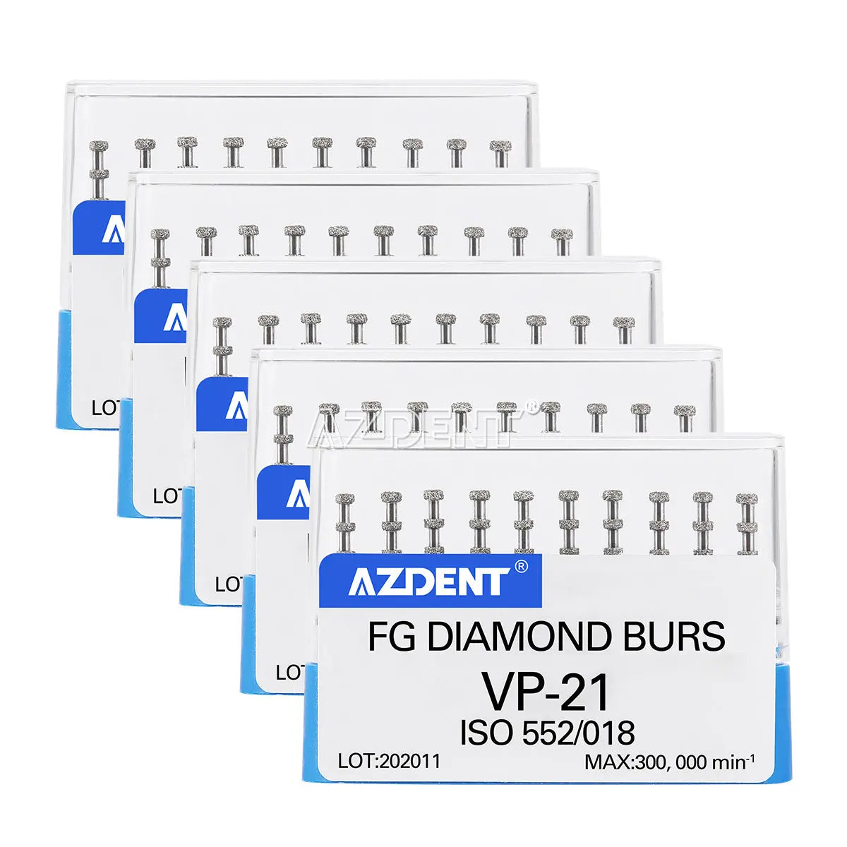 Dental FG Diamond Burs VP-21 Depth Marking 10pcs/Box displayed in five transparent cases, each containing 10 silver-colored diamond burs with blue labels showing AZDENT logo and product specifications for high-speed handpieces.