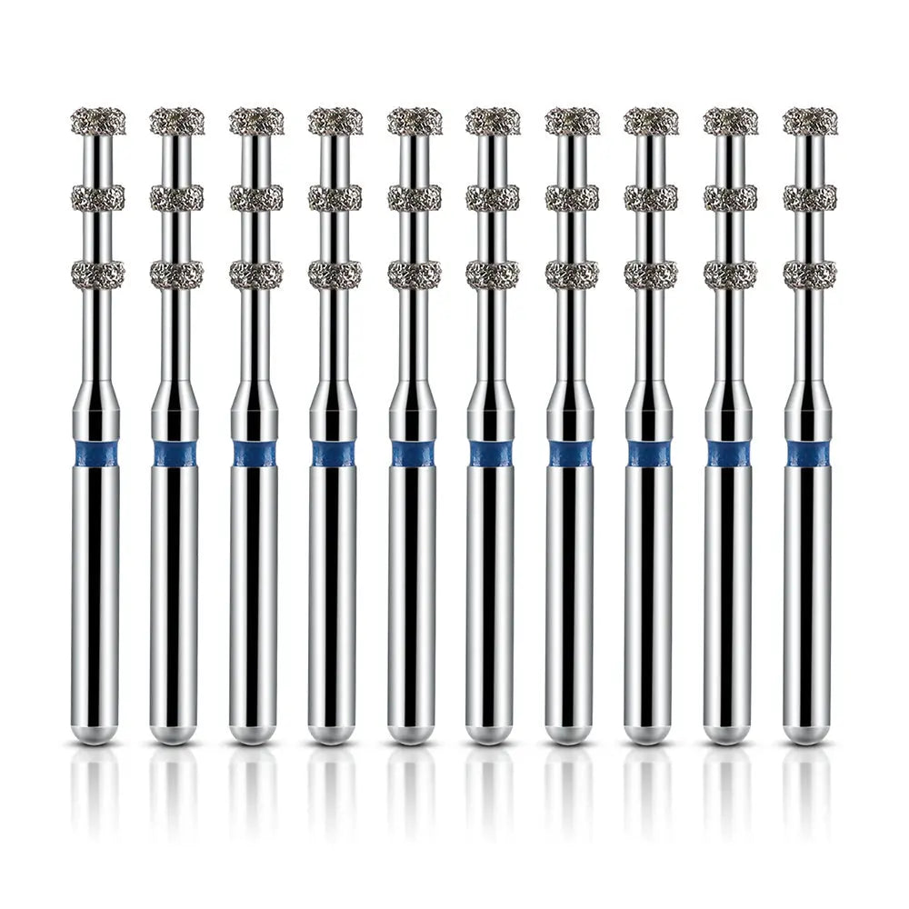 Dental FG Diamond Burs VP-21 Depth Marking 10pcs/Box, stainless steel dental tools with blue medium grit and depth markings, lined up in a row showing shiny metal shafts and diamond-coated tips for high-speed handpieces and precise dental preparations.