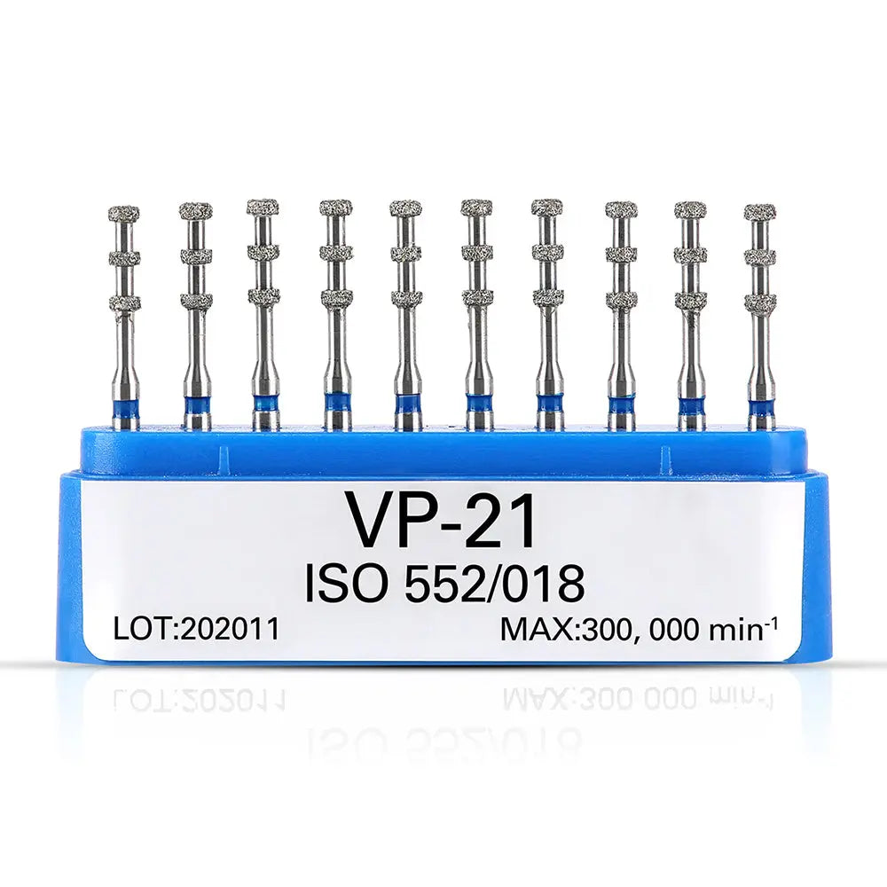 Dental FG Diamond Burs VP-21 Depth Marking 10pcs/Box in blue plastic holder. Ten silver burs with distinct depth markings visible. Product details including ISO number and maximum speed printed on holder.