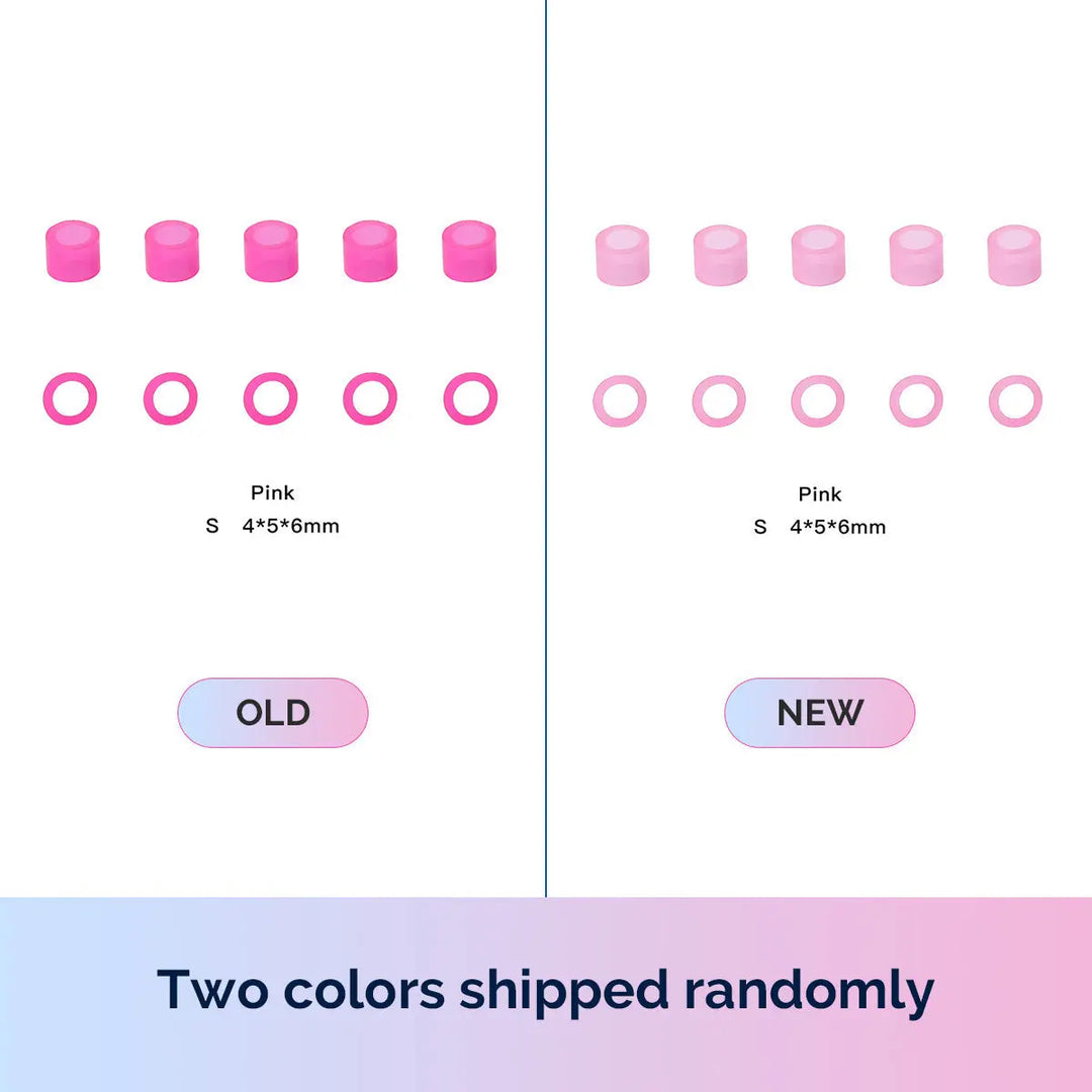 Dental Color Code Rings Universal Silicone Autoclavable 10 Colors 100pcs/Box: Image showing two shades of pink silicone rings in different sizes, labeled as 'Old' and 'New', with dimensions 4*5*6mm. Text indicates two colors are shipped randomly.