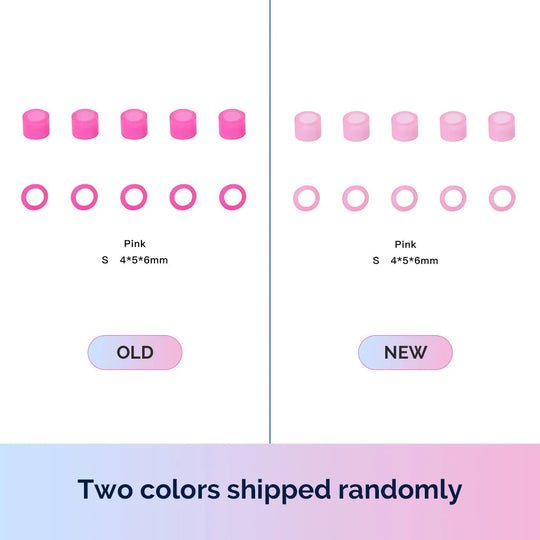 Dental Color Code Rings Universal Silicone Autoclavable 10 Colors 100pcs/Box: Image showing two shades of pink silicone rings in different sizes, labeled as 'Old' and 'New', with dimensions 4*5*6mm. Text indicates two colors are shipped randomly.