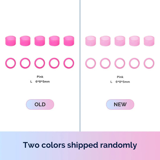 Dental Color Code Rings Universal Silicone Autoclavable 10 Colors 100pcs/Box. Image shows pink silicone rings in two shades, old and new, with dimensions 8*8*5mm. Displays cylindrical and circular shapes representing the rings. Text indicates two colors shipped randomly.