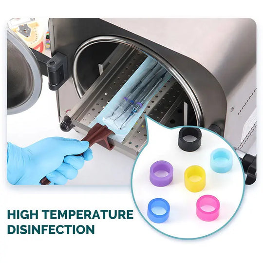 Dental Color Code Rings Universal Silicone Autoclavable 10 Colors 100pcs/Box shown with high-temperature disinfection process. Gloved hand inserting dental instruments into autoclave. Inset image displays colorful silicone rings for instrument identification.