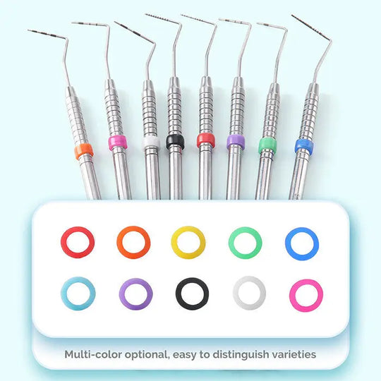 Dental Color Code Rings Universal Silicone Autoclavable 10 Colors 100pcs/Box: Array of dental instruments with colorful silicone rings for easy identification, displayed alongside a chart showing ten different color options for coding and organizing dental tools.