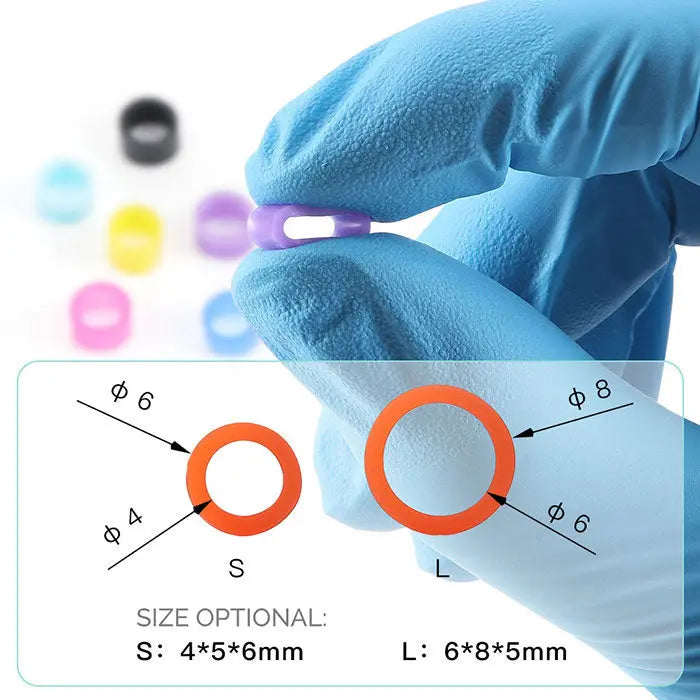 Dental Color Code Rings Universal Silicone Autoclavable 10 Colors 100pcs/Box: Close-up of gloved hands holding a purple silicone ring, with various colored rings in the background. Size chart showing two ring options: small (4*5*6mm) and large (6*8*5mm).