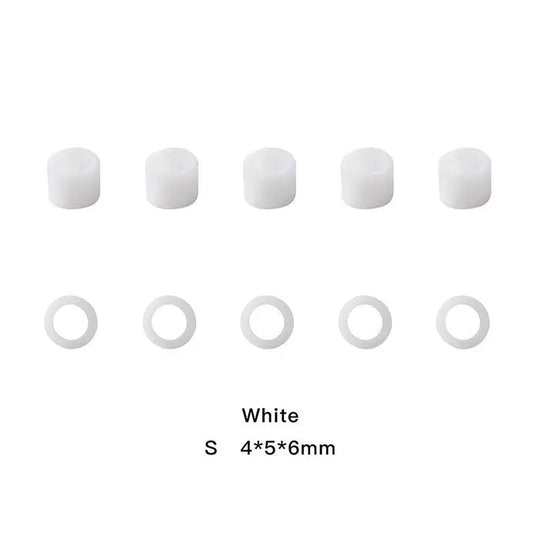 Dental Color Code Rings Universal Silicone Autoclavable 10 Colors 100pcs/Box: White silicone rings and cylindrical caps for dental instruments, size S 4x5x6mm, displayed in two rows of five. Autoclavable, easy identification, economical alternative to metal heads.