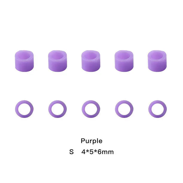 Dental Color Code Rings Universal Silicone Autoclavable 10 Colors 100pcs/Box: Purple silicone rings in two sizes, small circular shape and larger cylindrical shape, arranged in two rows of five, for dental instrument identification and sterilization.