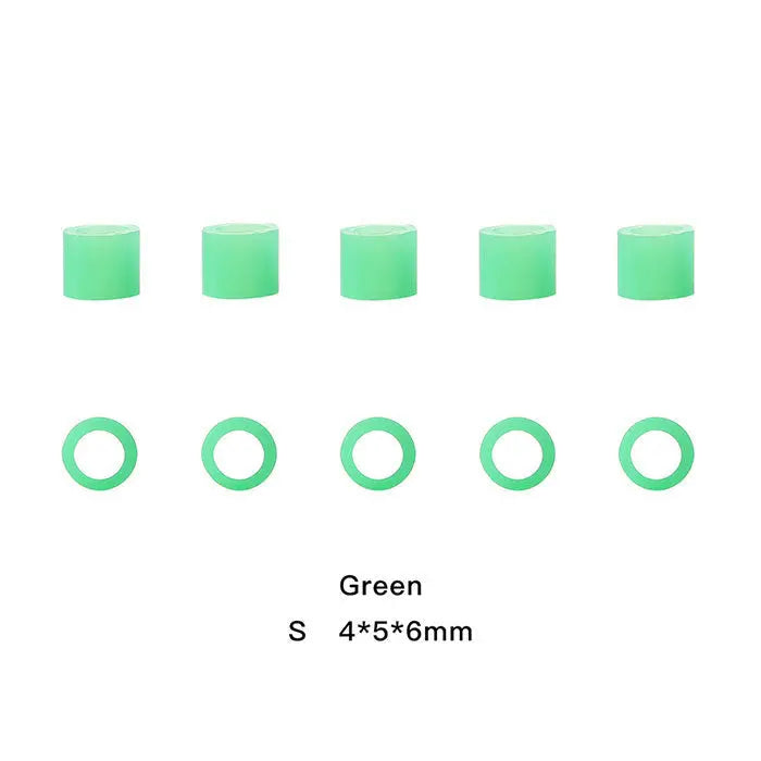 Green silicone dental color code rings from Dental Color Code Rings Universal Silicone Autoclavable 10 Colors 100pcs/Box set. Small size 4x5x6mm rings shown in two rows, solid and hollow, for easy instrument identification and sterilization.