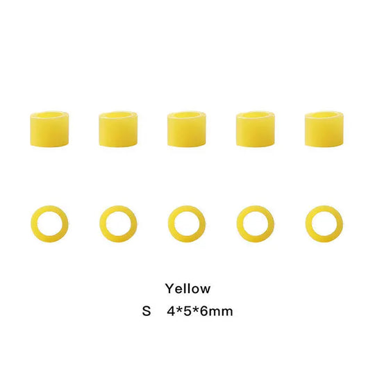 Dental Color Code Rings Universal Silicone Autoclavable 10 Colors 100pcs/Box: Yellow silicone rings in two sizes, cylindrical and circular, for dental instrument identification. Image shows 5 taller cylindrical rings and 5 flat circular rings, all in bright yellow color. Dimensions listed as S 4*5*6mm.