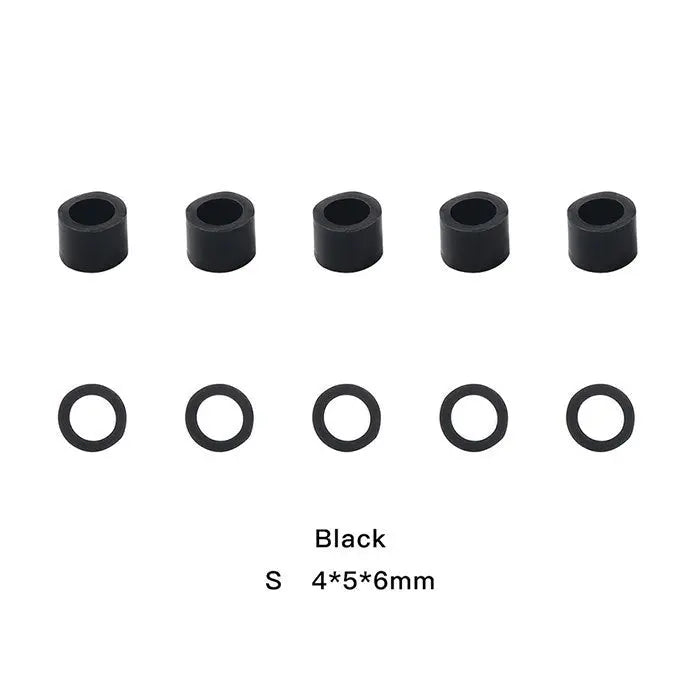 Dental Color Code Rings Universal Silicone Autoclavable 10 Colors 100pcs/Box: Black silicone rings in two sizes, 4x5x6mm and smaller, displayed in two rows. Durable, heat-resistant dental instrument markers for easy identification and sterilization.