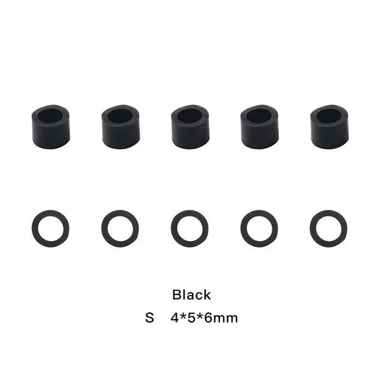 Dental Color Code Rings Universal Silicone Autoclavable 10 Colors 100pcs/Box: Black silicone rings in two sizes, 4x5x6mm and smaller, displayed in two rows. Durable, heat-resistant dental instrument markers for easy identification and sterilization.