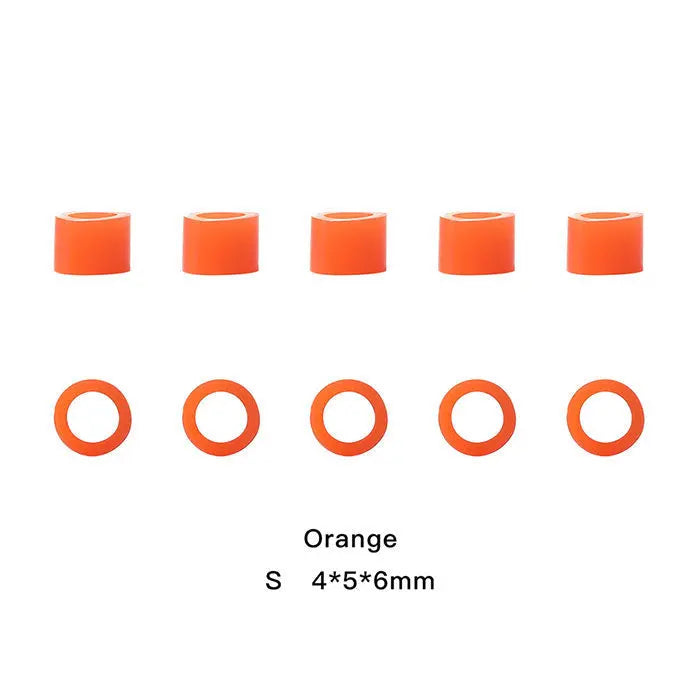 Dental Color Code Rings Universal Silicone Autoclavable 10 Colors 100pcs/Box: Orange silicone rings in two sizes, cylindrical and circular, displayed against white background. Ideal for dental instrument identification and sterilization.