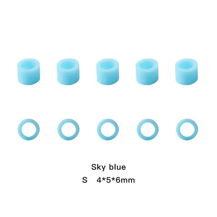 Dental Color Code Rings Universal Silicone Autoclavable 10 Colors 100pcs/Box: Sky blue silicone rings in two sizes, cylindrical and circular, for dental instrument identification. Small 4x5x6mm rings displayed in rows, showcasing their uniform shape and color.