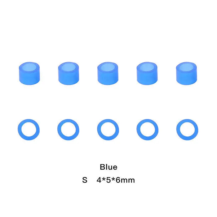 Dental Color Code Rings Universal Silicone Autoclavable 10 Colors 100pcs/Box: Blue silicone rings and cylinders for dental instruments, size S 4*5*6mm, shown in two rows of five. Autoclavable, easy identification, economical alternative to metal heads.