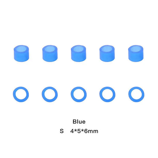 Dental Color Code Rings Universal Silicone Autoclavable 10 Colors 100pcs/Box: Blue silicone rings and cylinders for dental instruments, size S 4*5*6mm, shown in two rows of five. Autoclavable, easy identification, economical alternative to metal heads.