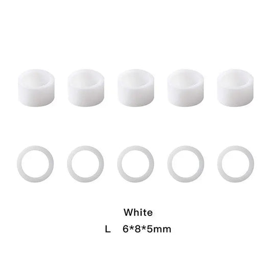 Dental Color Code Rings Universal Silicone Autoclavable 10 Colors 100pcs/Box: White silicone rings in two sizes, large closed and small open, arranged in two rows of five. Measurement details shown as L 6*8*5mm. Used for color-coding dental instruments.