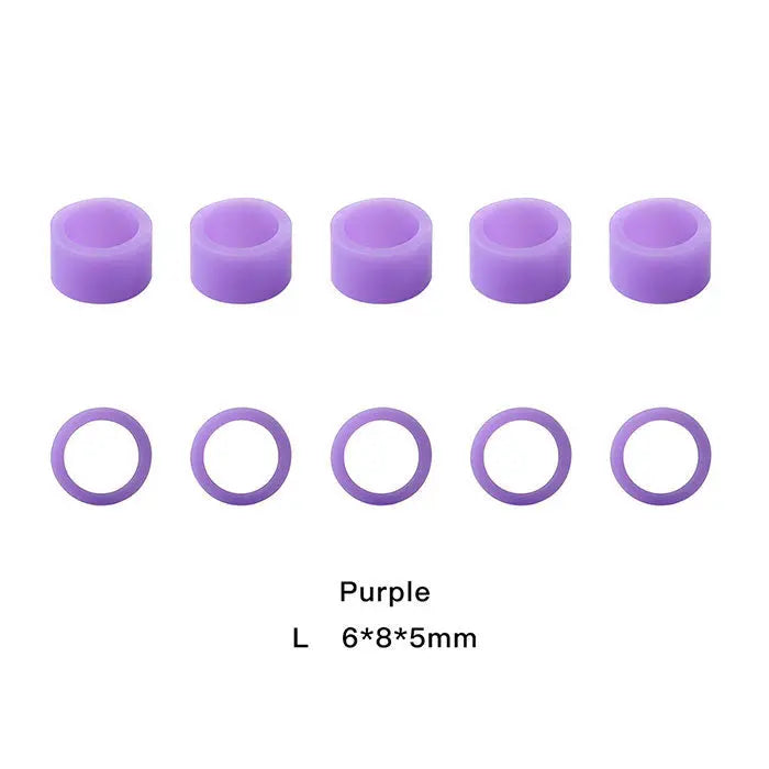 Purple silicone dental color code rings from Dental Color Code Rings Universal Silicone Autoclavable 10 Colors 100pcs/Box set. Two rows of five rings each, showing solid and open ring options. Size L: 6*8*5mm. Autoclavable, elastic, and easy to identify dental instruments.