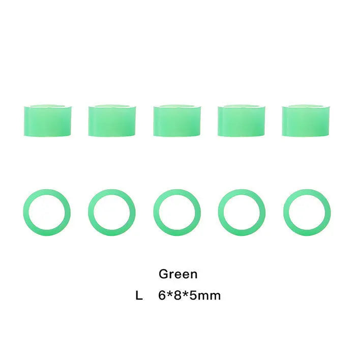 Dental Color Code Rings Universal Silicone Autoclavable 10 Colors 100pcs/Box - Green silicone rings in two sizes, 6x8x5mm, displayed in rows. Top row shows cylinder-shaped rings, bottom row shows circular rings. Ideal for dental instrument identification and sterilization.