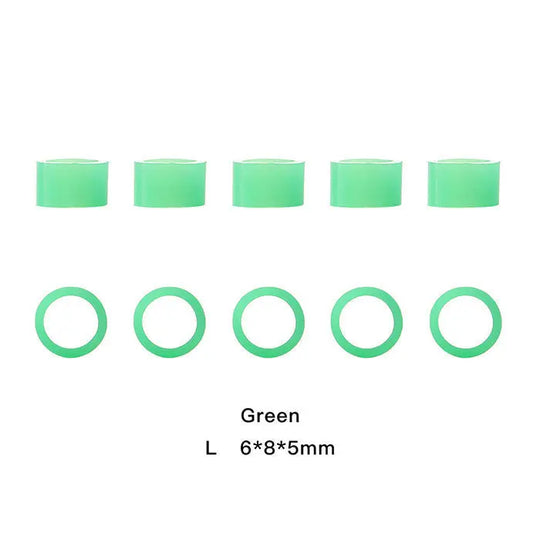 Dental Color Code Rings Universal Silicone Autoclavable 10 Colors 100pcs/Box - Green silicone rings in two sizes, 6x8x5mm, displayed in rows. Top row shows cylinder-shaped rings, bottom row shows circular rings. Ideal for dental instrument identification and sterilization.