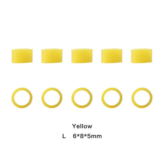 Yellow dental color code rings from Dental Color Code Rings Universal Silicone Autoclavable set. Two rows of five rings each, top row showing wide bands and bottom row thin circles. Dimensions listed as 6*8*5mm for size L.