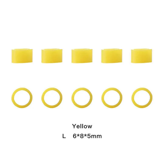 Yellow dental color code rings from Dental Color Code Rings Universal Silicone Autoclavable set. Two rows of five rings each, top row showing wide bands and bottom row thin circles. Dimensions listed as 6*8*5mm for size L.