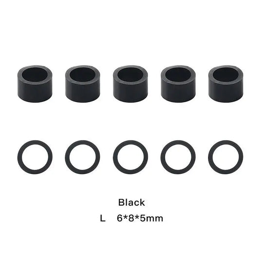 Dental Color Code Rings Universal Silicone Autoclavable 10 Colors 100pcs/Box: Black silicone rings for dental instruments, arranged in two rows. Top row shows five cylindrical spacers, bottom row displays five flat rings. Dimensions listed as L 6*8*5mm.