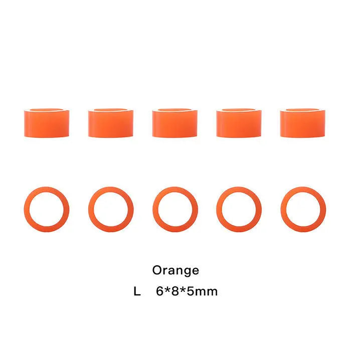 Dental Color Code Rings Universal Silicone Autoclavable 10 Colors 100pcs/Box: Orange silicone dental instrument color code rings displayed in two rows. Top row shows five cylindrical rings, bottom row shows five circular rings. Text indicates size as L 6*8*5mm.