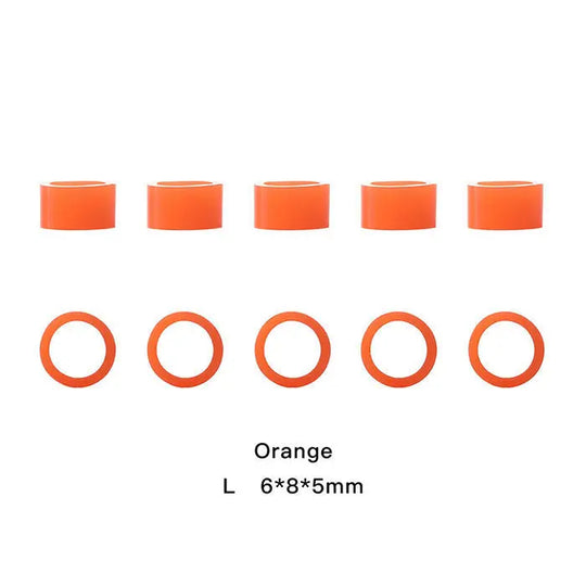 Dental Color Code Rings Universal Silicone Autoclavable 10 Colors 100pcs/Box: Orange silicone dental instrument color code rings displayed in two rows. Top row shows five cylindrical rings, bottom row shows five circular rings. Text indicates size as L 6*8*5mm.