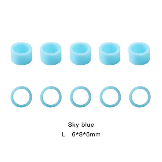 Dental Color Code Rings Universal Silicone Autoclavable 10 Colors 100pcs/Box: Sky blue silicone color code rings for dental instruments, shown in two styles - solid cylinders and open rings. Dimensions listed as 6x8x5mm for size L. Durable, autoclavable, and easy to identify.