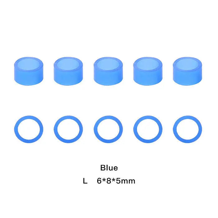 Dental Color Code Rings Universal Silicone Autoclavable 10 Colors 100pcs/Box: Blue silicone rings and caps for dental instruments. Top row shows 5 cylindrical caps, bottom row displays 5 circular rings. Dimensions listed as L 6*8*5mm. Autoclavable and color-coded for easy identification.