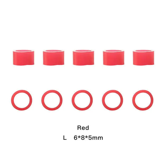 Dental Color Code Rings Universal Silicone Autoclavable 10 Colors 100pcs/Box - Red silicone rings in two sizes, cylindrical and circular, for dental instruments. Displayed on white background with size specifications. Durable, easy-to-identify, and sterilizable alternative to metal markers.