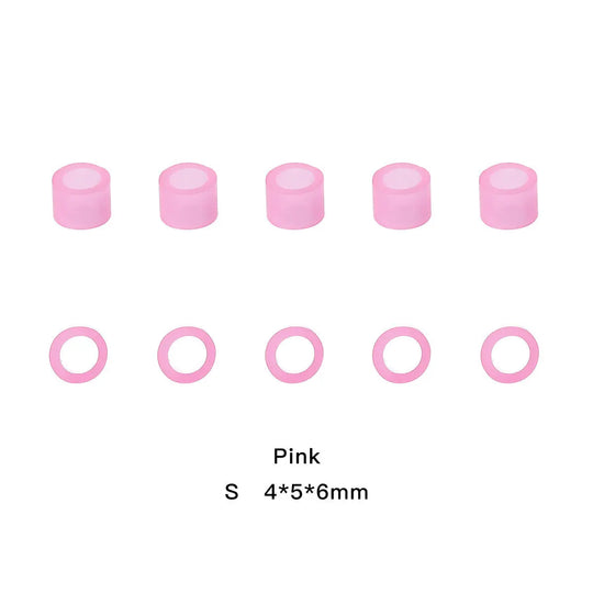 Dental Color Code Rings Universal Silicone Autoclavable 10 Colors 100pcs/Box: Pink silicone rings in two sizes for dental instruments, displayed in rows. Small round rings and larger cylindrical rings, both in soft pink color. Dimensions listed as S 4*5*6mm.