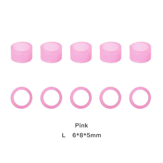 Pink dental color code rings from Dental Color Code Rings Universal Silicone Autoclavable 10 Colors 100pcs/Box set. Image shows 5 cylindrical rings and 5 circular rings, all in pink silicone material, with dimensions labeled as L 6*8*5mm.