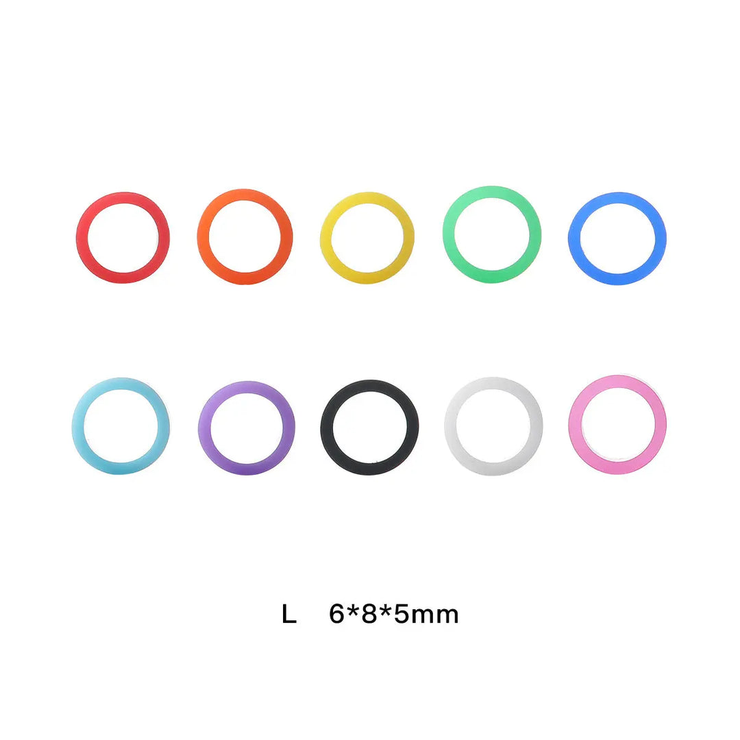 Dental Color Code Rings Universal Silicone Autoclavable 10 Colors 100pcs/Box: Ten colorful silicone rings arranged in two rows, displaying various bright hues including red, orange, yellow, green, blue, purple, and pink. Size specifications shown as L 6*8*5mm.