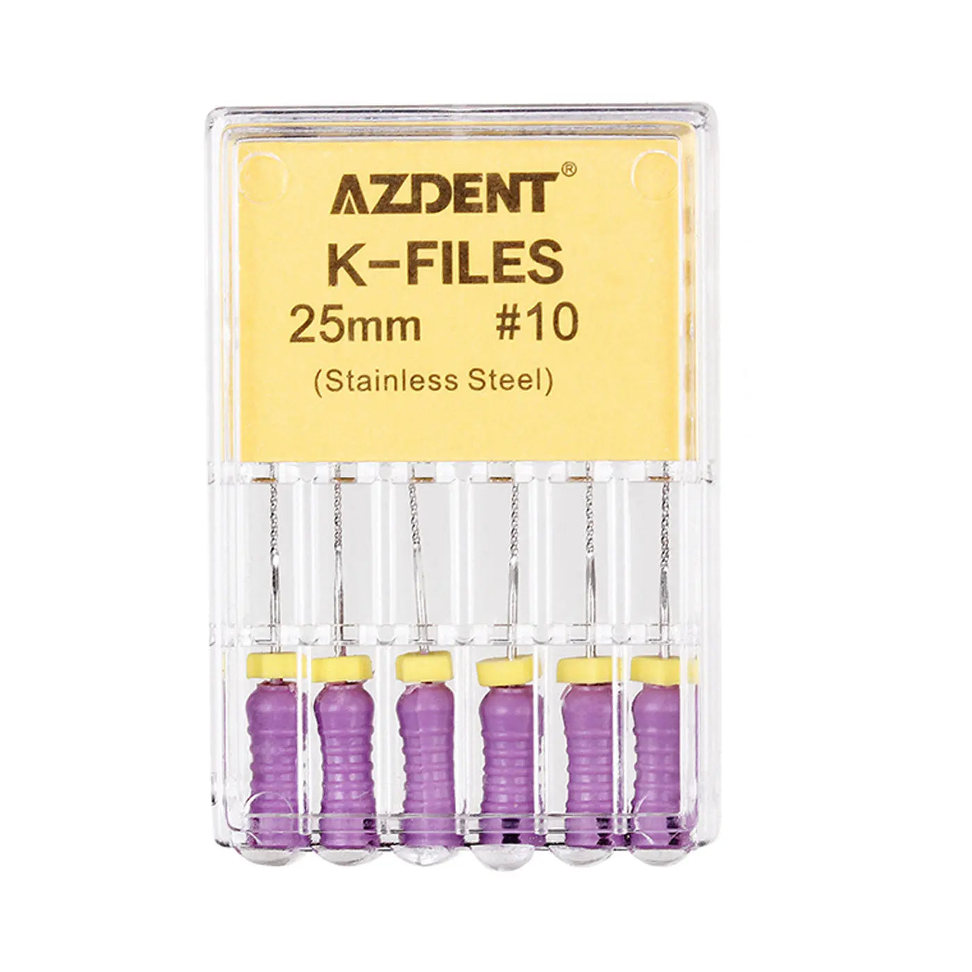 Dental Hand K-Files Stainless Steel 25mm #10 Purple 6pcs/Box: AZDENT K-Files set with 6 purple-handled stainless steel dental files, 25mm length, #10 size, displayed in clear plastic case with yellow product label