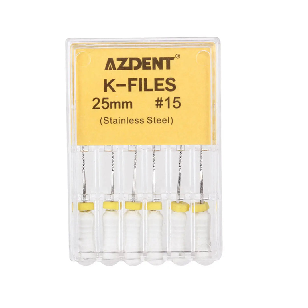 Dental Hand K-Files Stainless Steel 25mm #15 White 6pcs/Box: AZDENT brand K-Files in clear plastic case, 25mm length, #15 size, stainless steel material, 6 files with yellow handles visible, product information on yellow label