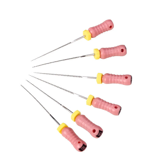 Dental Hand K-Files Stainless Steel 25mm #06 Pink 6pcs/Box: Six pink-handled stainless steel dental files with yellow washers, arranged in a fan pattern, showcasing their slender, flexible design for precise dental work