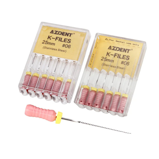 Dental Hand K-Files Stainless Steel 25mm #06 Pink 6pcs/Box: Two clear plastic containers of AZDENT K-Files, each holding six pink-handled stainless steel dental files, with a single pink-handled file and its metal tip displayed in front.