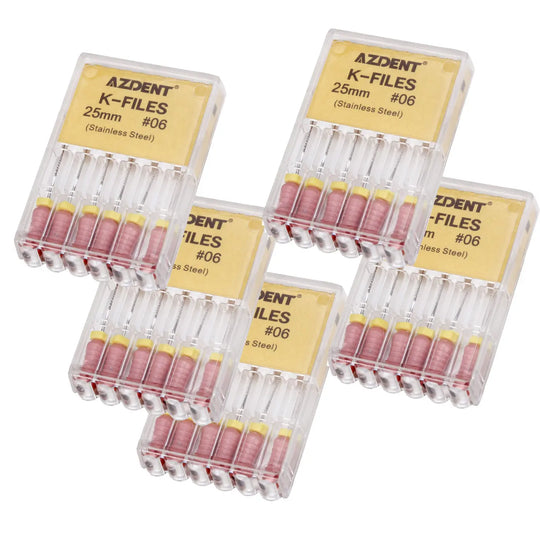 Four boxes of Dental Hand K-Files Stainless Steel 25mm #06 Pink 6pcs/Box, showing transparent plastic containers with pink-handled dental files and yellow labels displaying product details