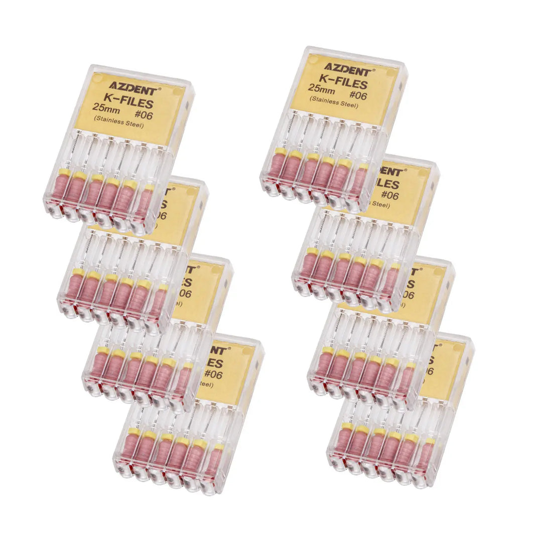 Dental Hand K-Files Stainless Steel 25mm #06 Pink 6pcs/Box displayed in multiple clear plastic containers, showing six pink-handled files in each box. The product packaging features yellow labels with product details visible.