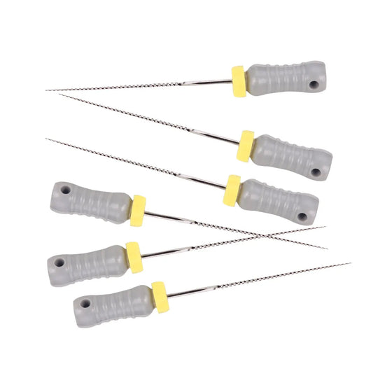 Dental Hand K-Files Stainless Steel 25mm #08 Grey 6pcs/Box: Set of six grey stainless steel dental files with yellow plastic washers and grey handles, arranged in a fan pattern showing varying lengths and angles of the thin, flexible metal instruments.