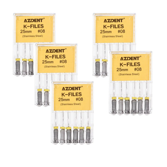 Dental Hand K-Files Stainless Steel 25mm #08 Grey 6pcs/Box: Five yellow-labeled packages of AZDENT K-Files, each containing six 25mm #08 stainless steel dental files with grey handles, arranged in a display formation.