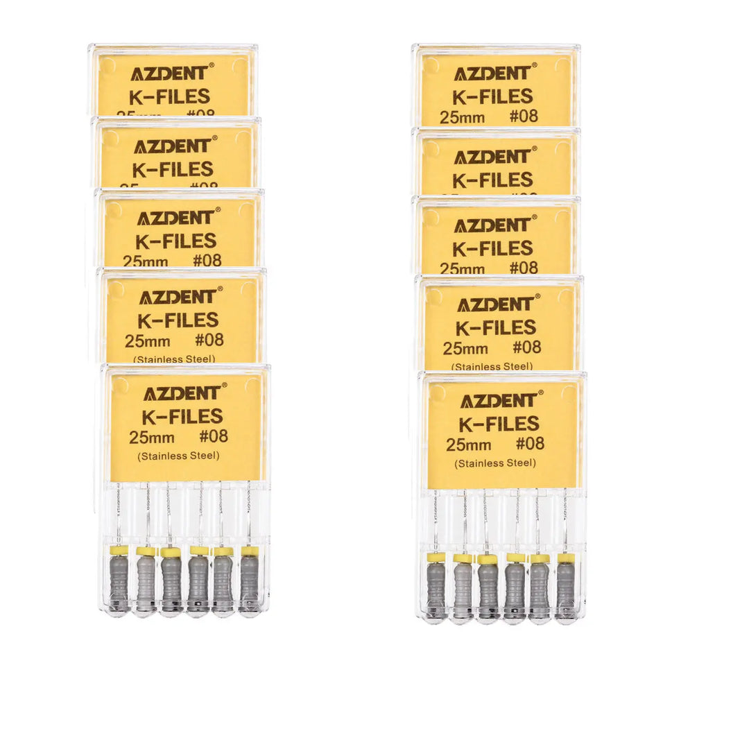 Two sets of Dental Hand K-Files Stainless Steel 25mm #08 Grey 6pcs/Box by AZDENT, displaying yellow packaging labels and six silver metal files in each set, arranged side by side for dental procedures