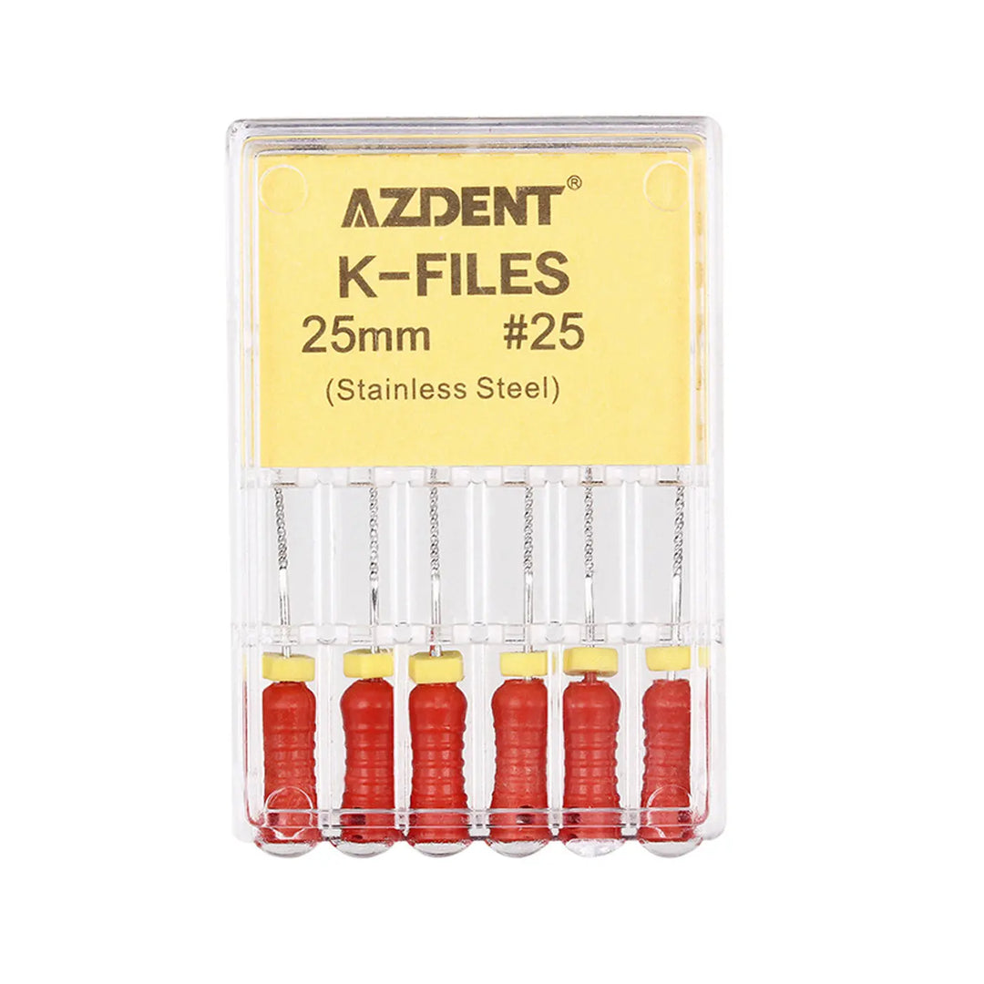 Dental Hand K-Files Stainless Steel 25mm #25 Red 6pcs/Box - AZDENT K-Files set in clear plastic case with yellow label, showing six 25mm #25 stainless steel files with red handles for dental procedures