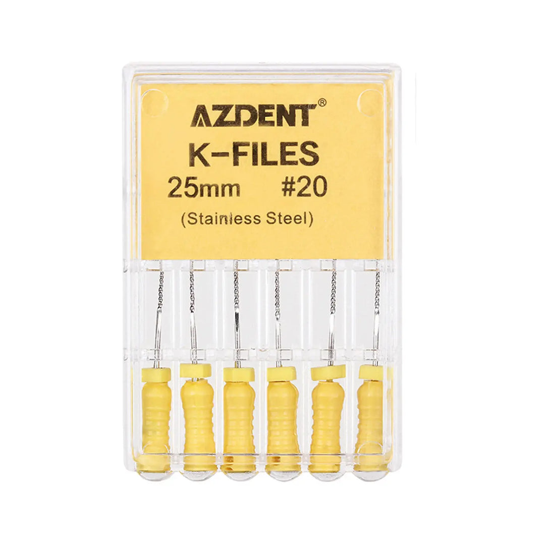 Dental Hand K-Files Stainless Steel 25mm #20 Yellow 6pcs/Box: AZDENT K-Files set in clear plastic case, showing six 25mm stainless steel files with yellow handles, labeled #20, for dental procedures