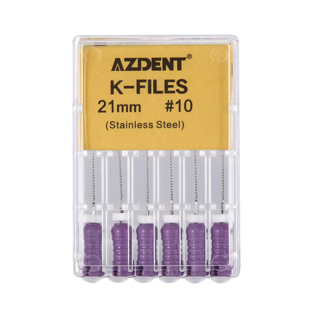 Dental Hand K-Files Stainless Steel Root Canal 21mm #10 6pcs/Box: Clear plastic case containing six AZDENT K-Files, 21mm length, size #10, with purple handles. Gold label shows product details. Essential dental tools for root canal procedures.